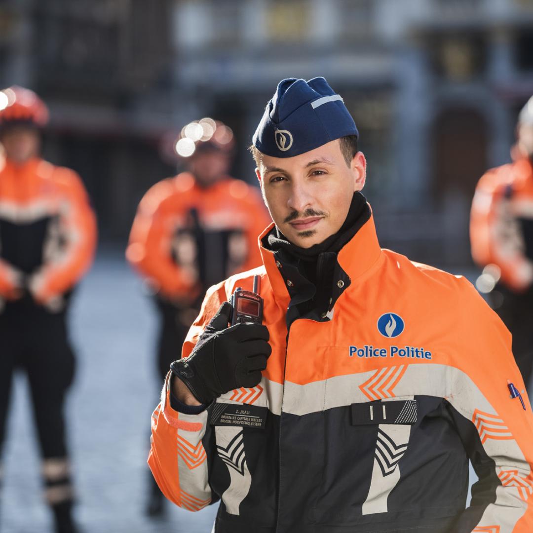 1 policier avec sa radio dans la main et 3 collègues dans le fond